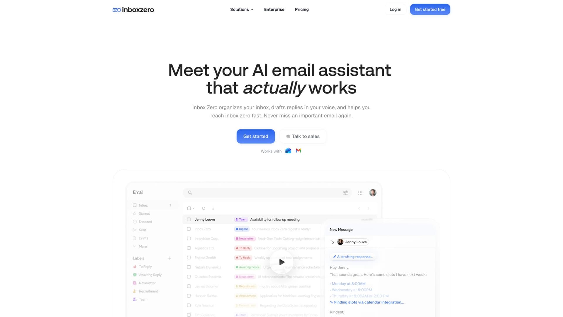 Inbox Zero AI email assistant homepage showing automated inbox cleanup and email management features